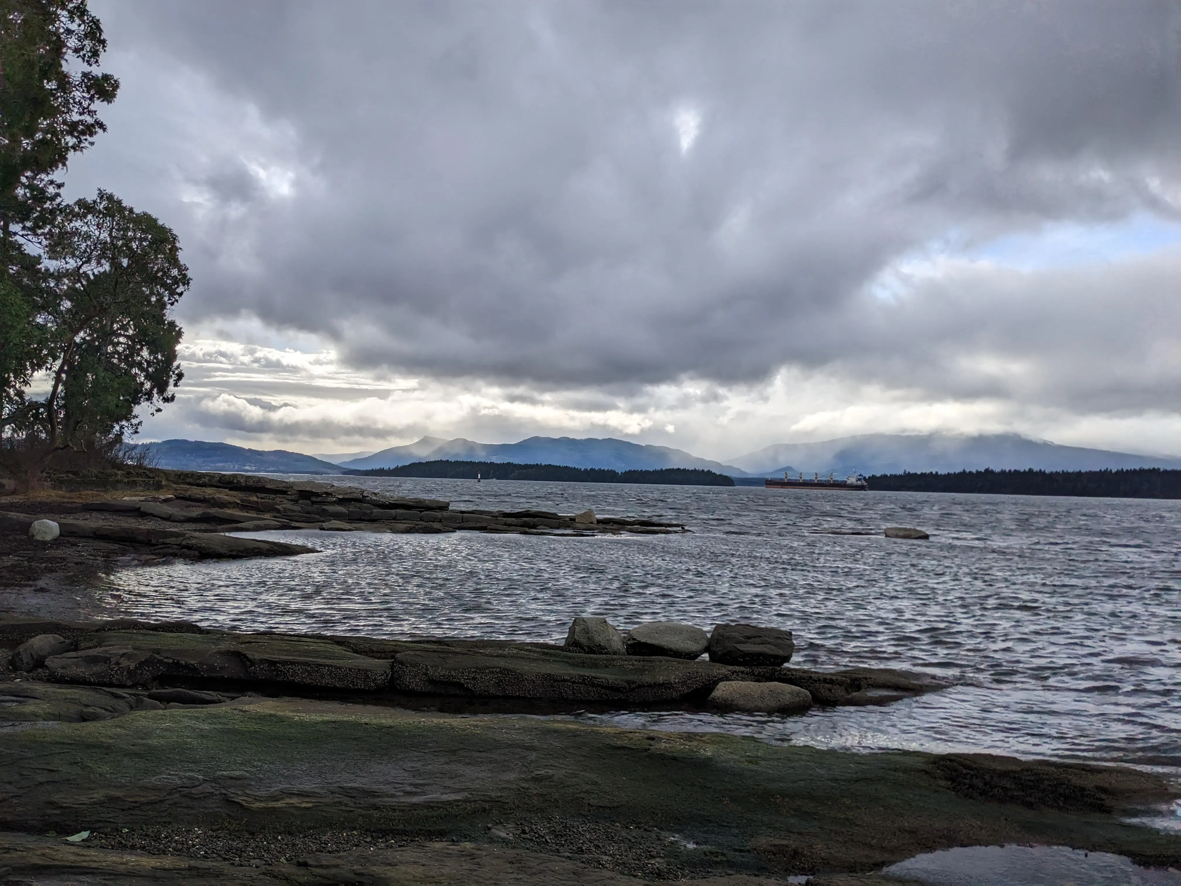 A landscape of a stony beach, with beach + trees on the left side, and ocean on the right side. Other islands are visible in the background.
