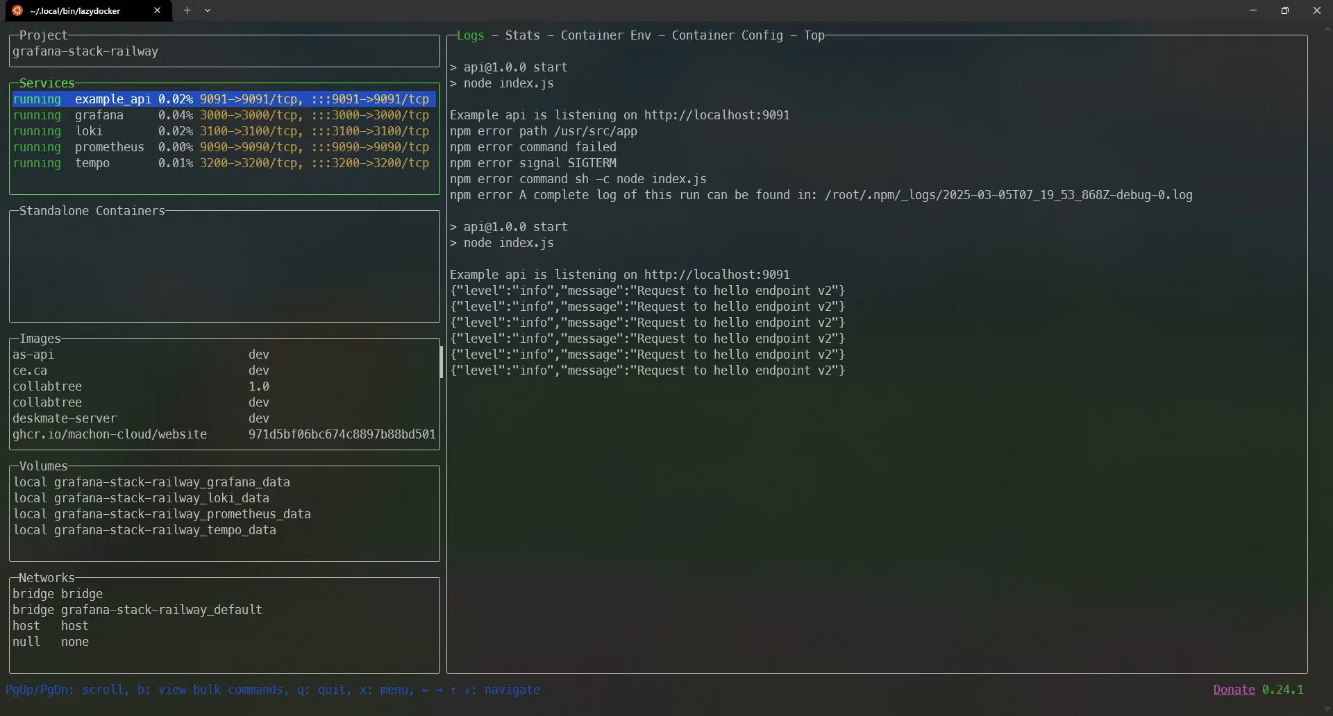 A screenshot of the lazydocker ui reviewing a docker compose setup